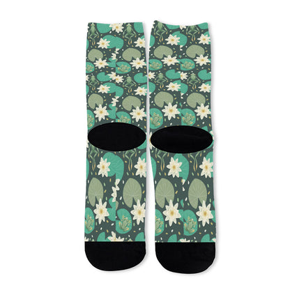Frogs And Water Lilies Pattern Print Long Socks