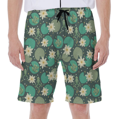 Frogs And Water Lilies Pattern Print Men's Beach Shorts