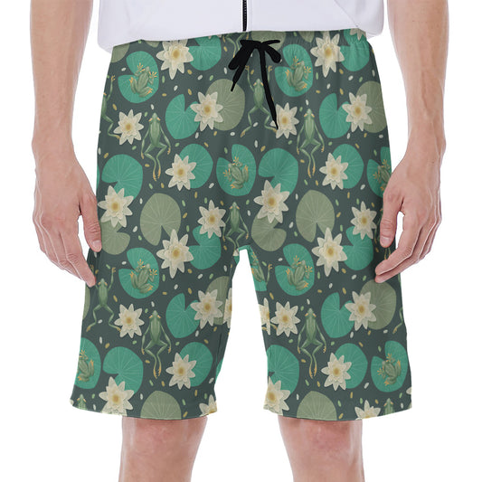 Frogs And Water Lilies Pattern Print Men's Beach Shorts