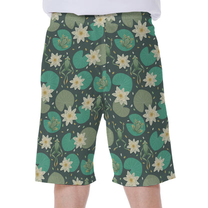 Frogs And Water Lilies Pattern Print Men's Beach Shorts
