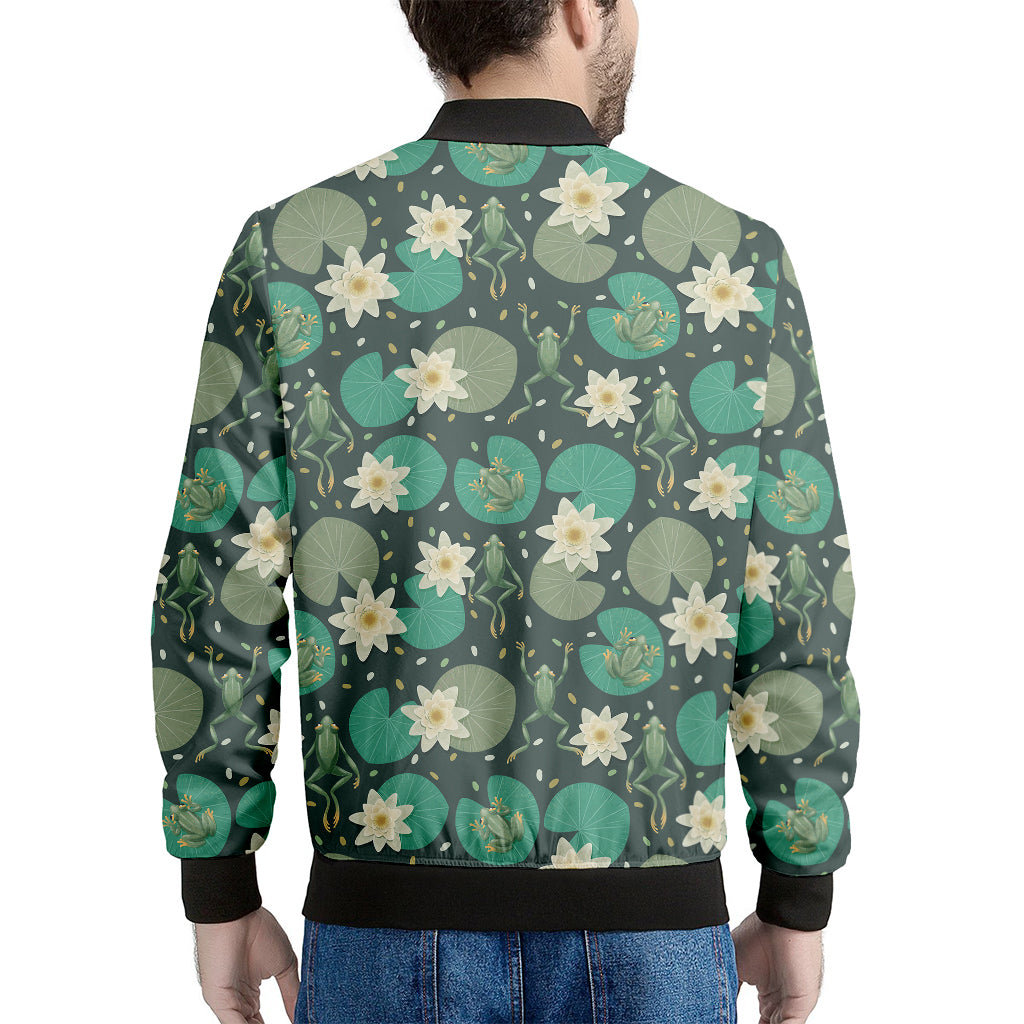 Frogs And Water Lilies Pattern Print Men's Bomber Jacket