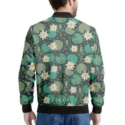 Frogs And Water Lilies Pattern Print Men's Bomber Jacket