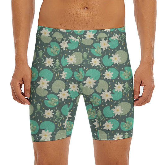 Frogs And Water Lilies Pattern Print Men's Long Boxer Briefs