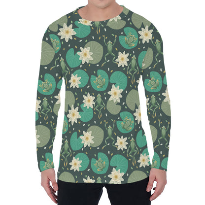 Frogs And Water Lilies Pattern Print Men's Long Sleeve T-Shirt
