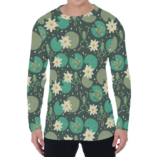 Frogs And Water Lilies Pattern Print Men's Long Sleeve T-Shirt