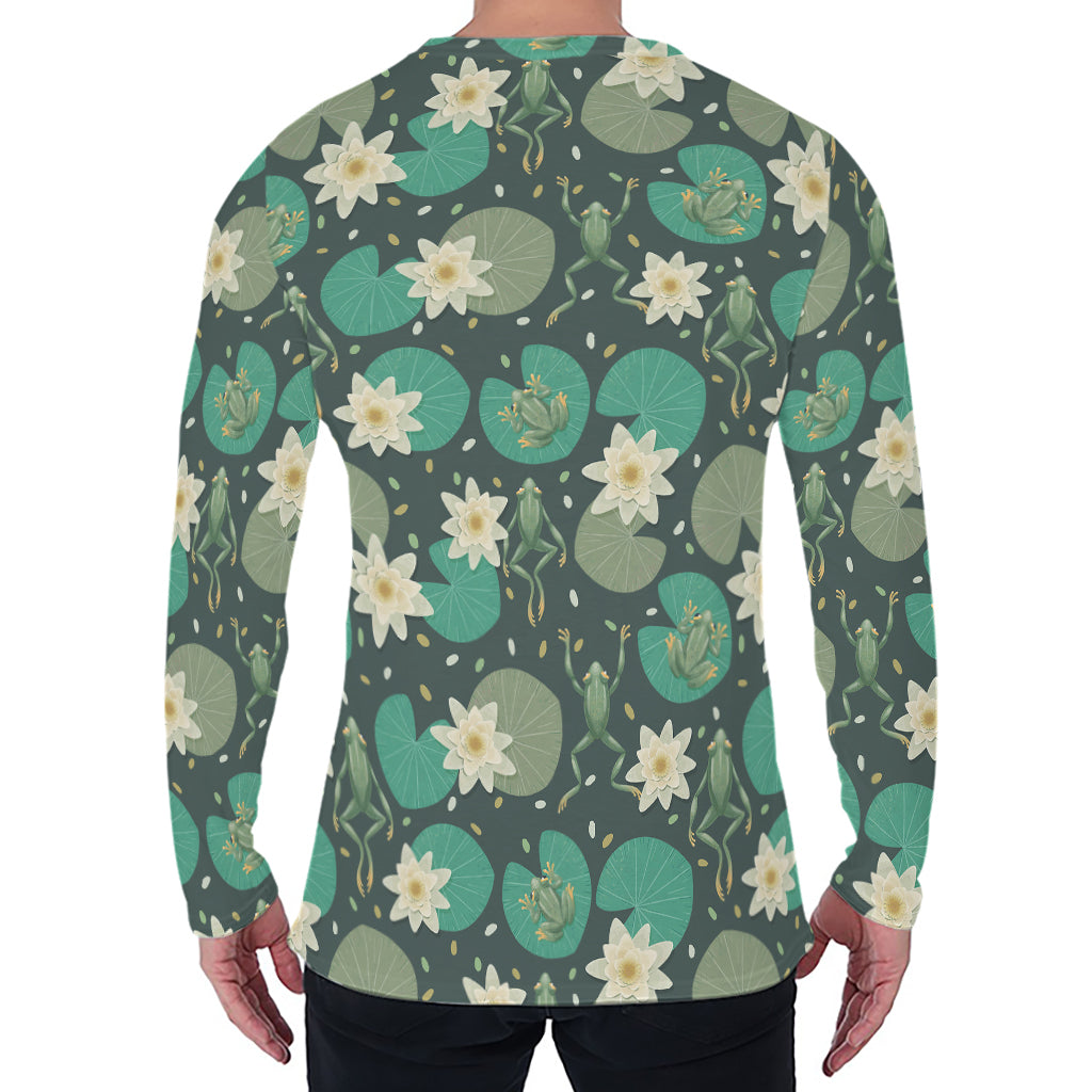 Frogs And Water Lilies Pattern Print Men's Long Sleeve T-Shirt