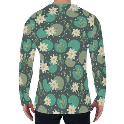Frogs And Water Lilies Pattern Print Men's Long Sleeve T-Shirt