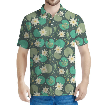 Frogs And Water Lilies Pattern Print Men's Polo Shirt