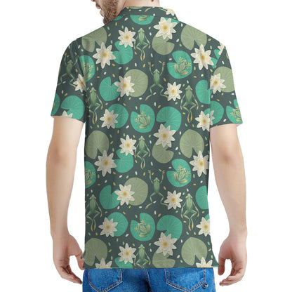 Frogs And Water Lilies Pattern Print Men's Polo Shirt