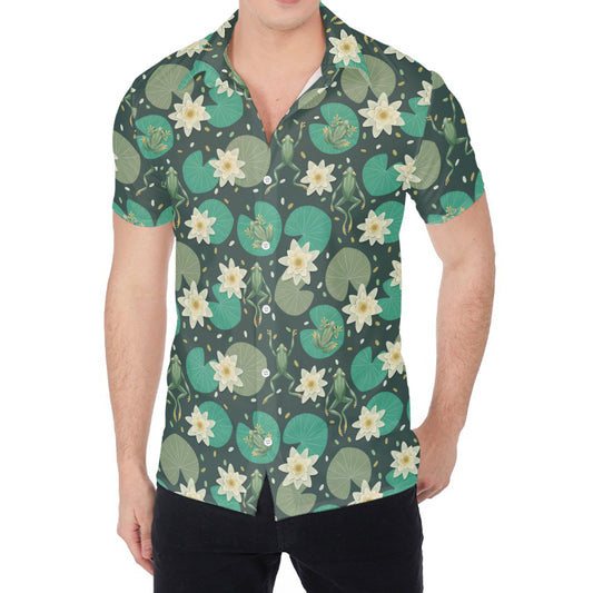 Frogs And Water Lilies Pattern Print Men's Shirt
