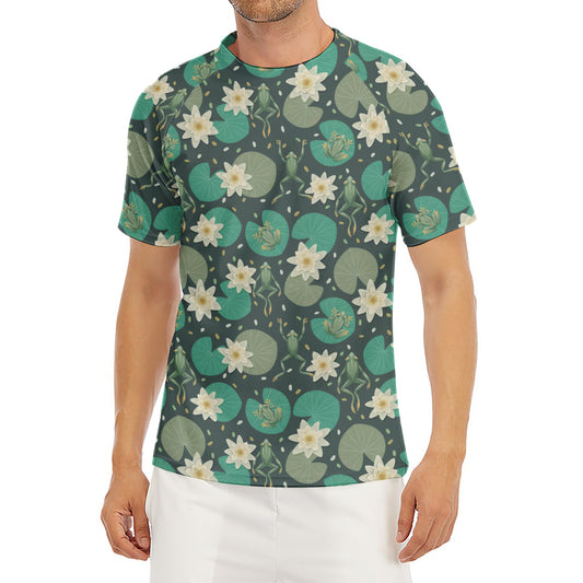 Frogs And Water Lilies Pattern Print Men's Short Sleeve Rash Guard