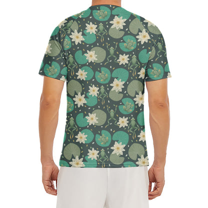 Frogs And Water Lilies Pattern Print Men's Short Sleeve Rash Guard