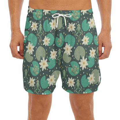 Frogs And Water Lilies Pattern Print Men's Split Running Shorts
