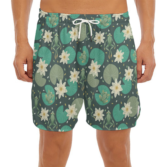 Frogs And Water Lilies Pattern Print Men's Split Running Shorts