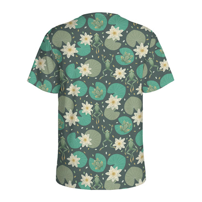 Frogs And Water Lilies Pattern Print Men's Sports T-Shirt