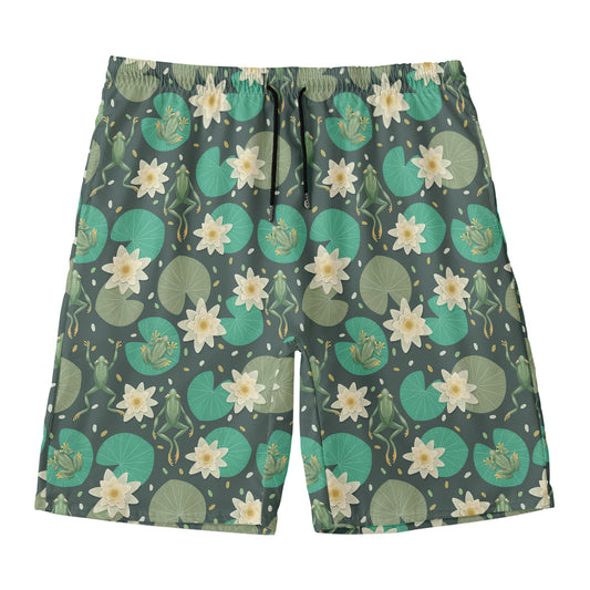 Frogs And Water Lilies Pattern Print Men's Swim Trunks