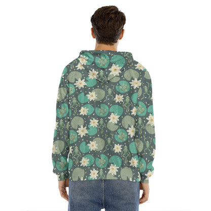 Frogs And Water Lilies Pattern Print Men's Velvet Pullover Hoodie