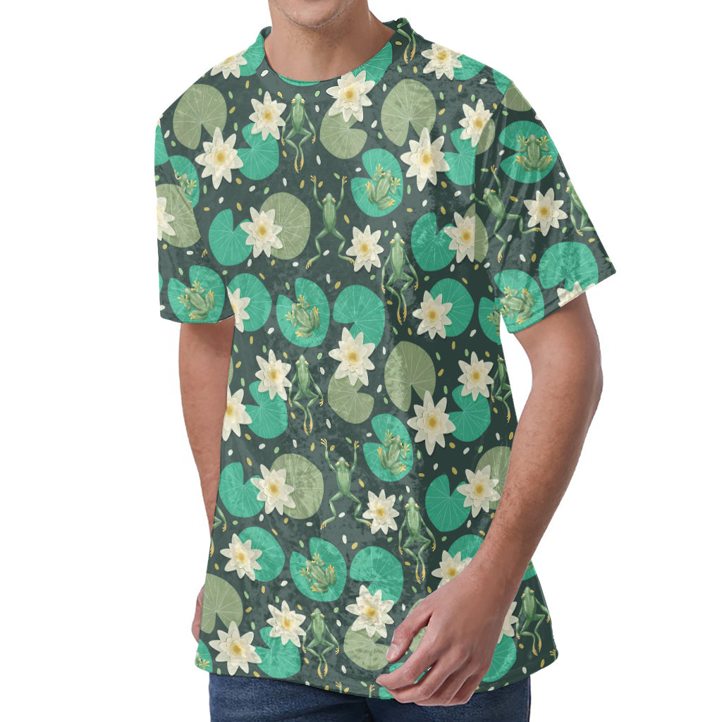 Frogs And Water Lilies Pattern Print Men's Velvet T-Shirt