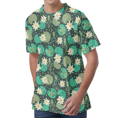 Frogs And Water Lilies Pattern Print Men's Velvet T-Shirt