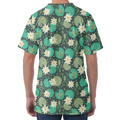 Frogs And Water Lilies Pattern Print Men's Velvet T-Shirt