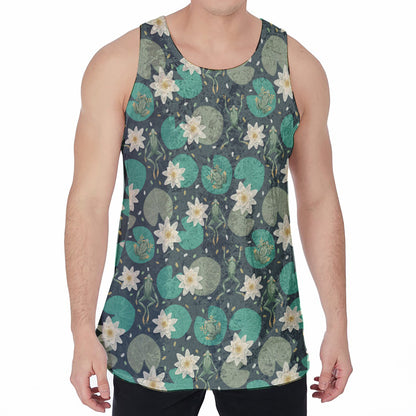 Frogs And Water Lilies Pattern Print Men's Velvet Tank Top
