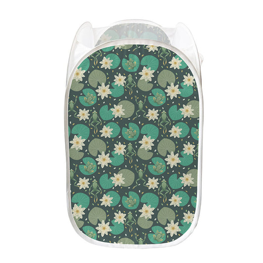 Frogs And Water Lilies Pattern Print Mesh Laundry Hamper