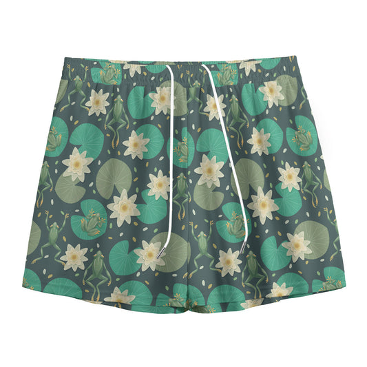 Frogs And Water Lilies Pattern Print Mesh Shorts