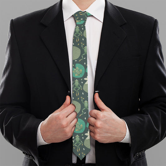 Frogs And Water Lilies Pattern Print Necktie