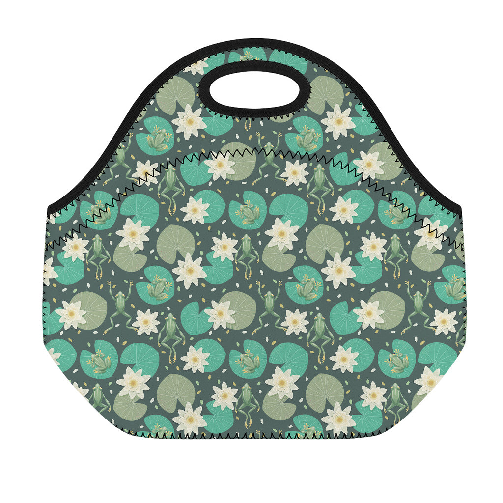 Frogs And Water Lilies Pattern Print Neoprene Lunch Bag