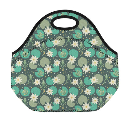 Frogs And Water Lilies Pattern Print Neoprene Lunch Bag