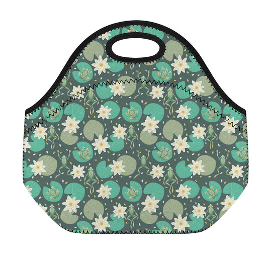 Frogs And Water Lilies Pattern Print Neoprene Lunch Bag