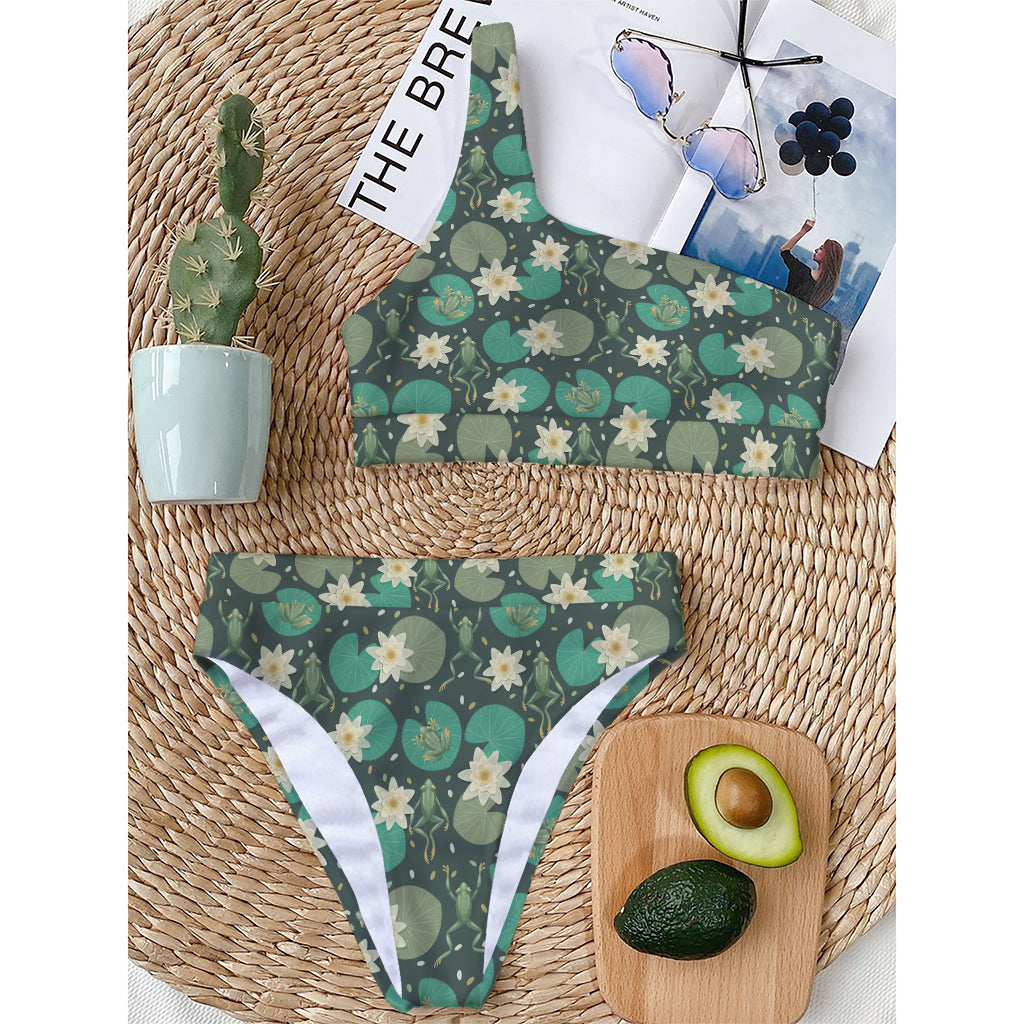 Frogs And Water Lilies Pattern Print One Shoulder Bikini Top