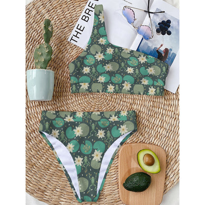 Frogs And Water Lilies Pattern Print One Shoulder Bikini Top
