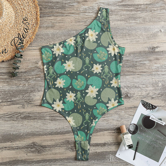 Frogs And Water Lilies Pattern Print One Shoulder Bodysuit