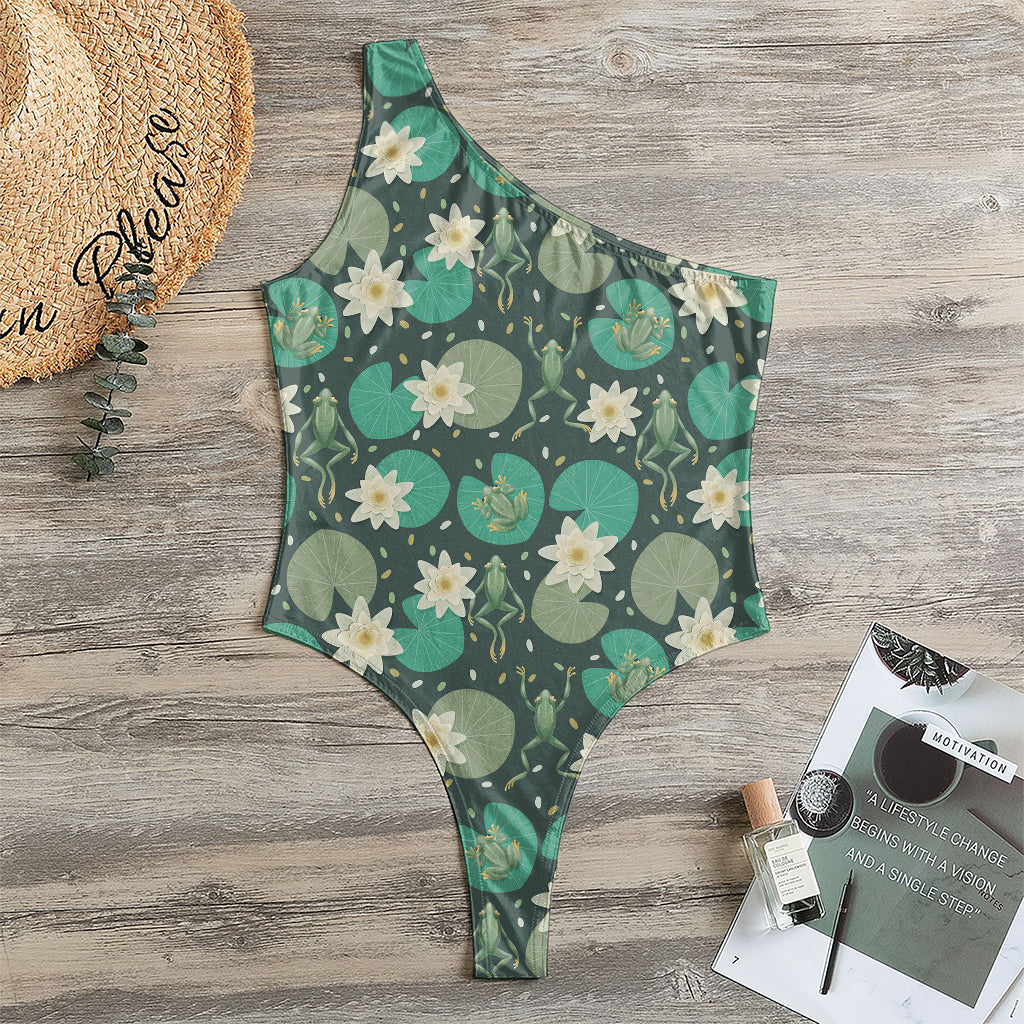 Frogs And Water Lilies Pattern Print One Shoulder Bodysuit