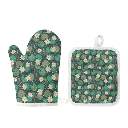 Frogs And Water Lilies Pattern Print Oven Mitt And Pot Holder Set