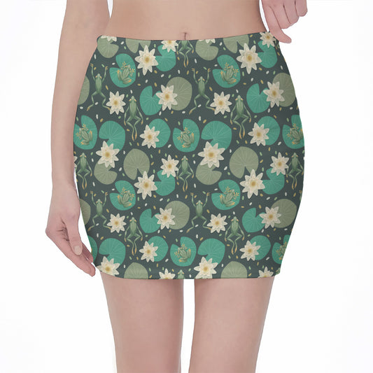 Frogs And Water Lilies Pattern Print Pencil Mini Skirt