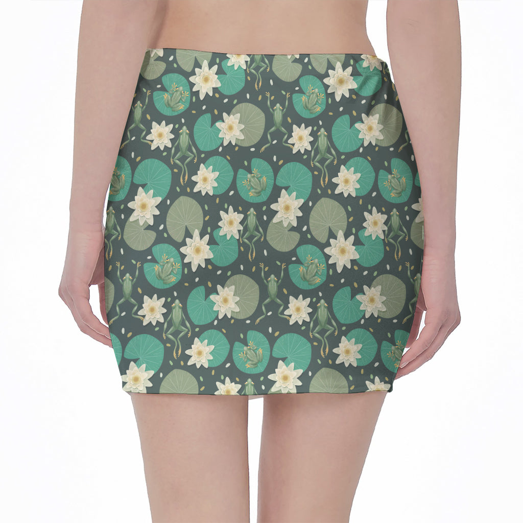 Frogs And Water Lilies Pattern Print Pencil Mini Skirt