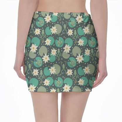 Frogs And Water Lilies Pattern Print Pencil Mini Skirt