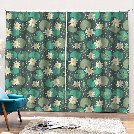 Frogs And Water Lilies Pattern Print Pencil Pleat Curtains