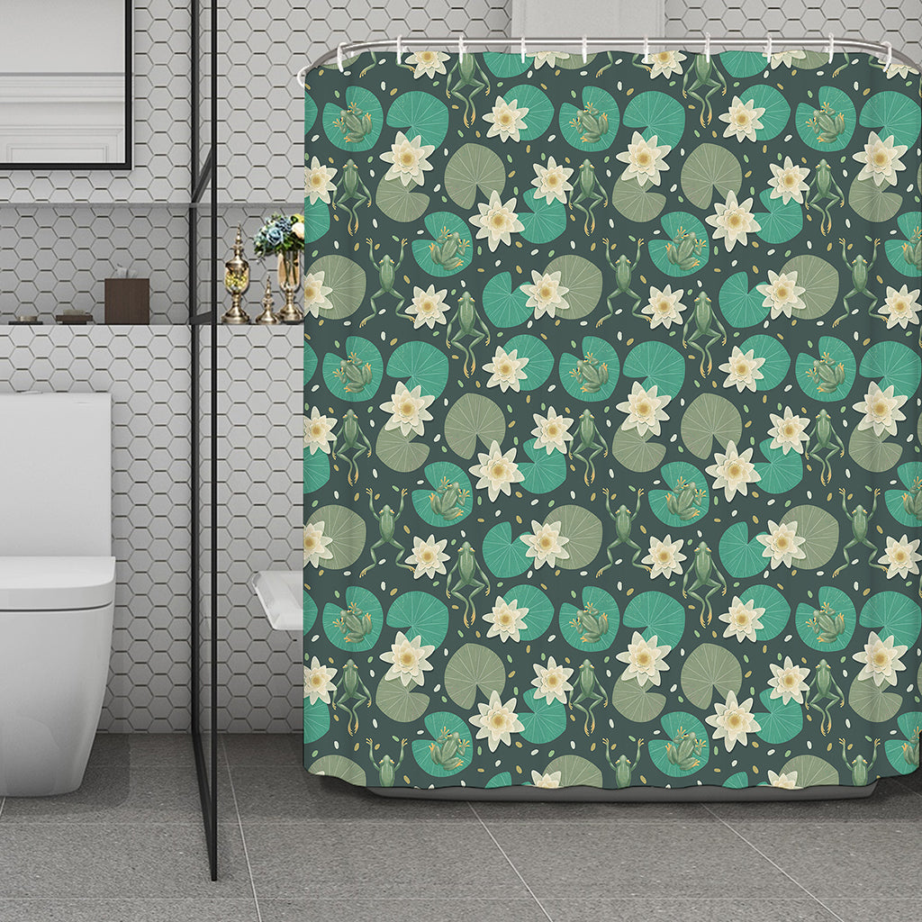 Frogs And Water Lilies Pattern Print Polyester Shower Curtain