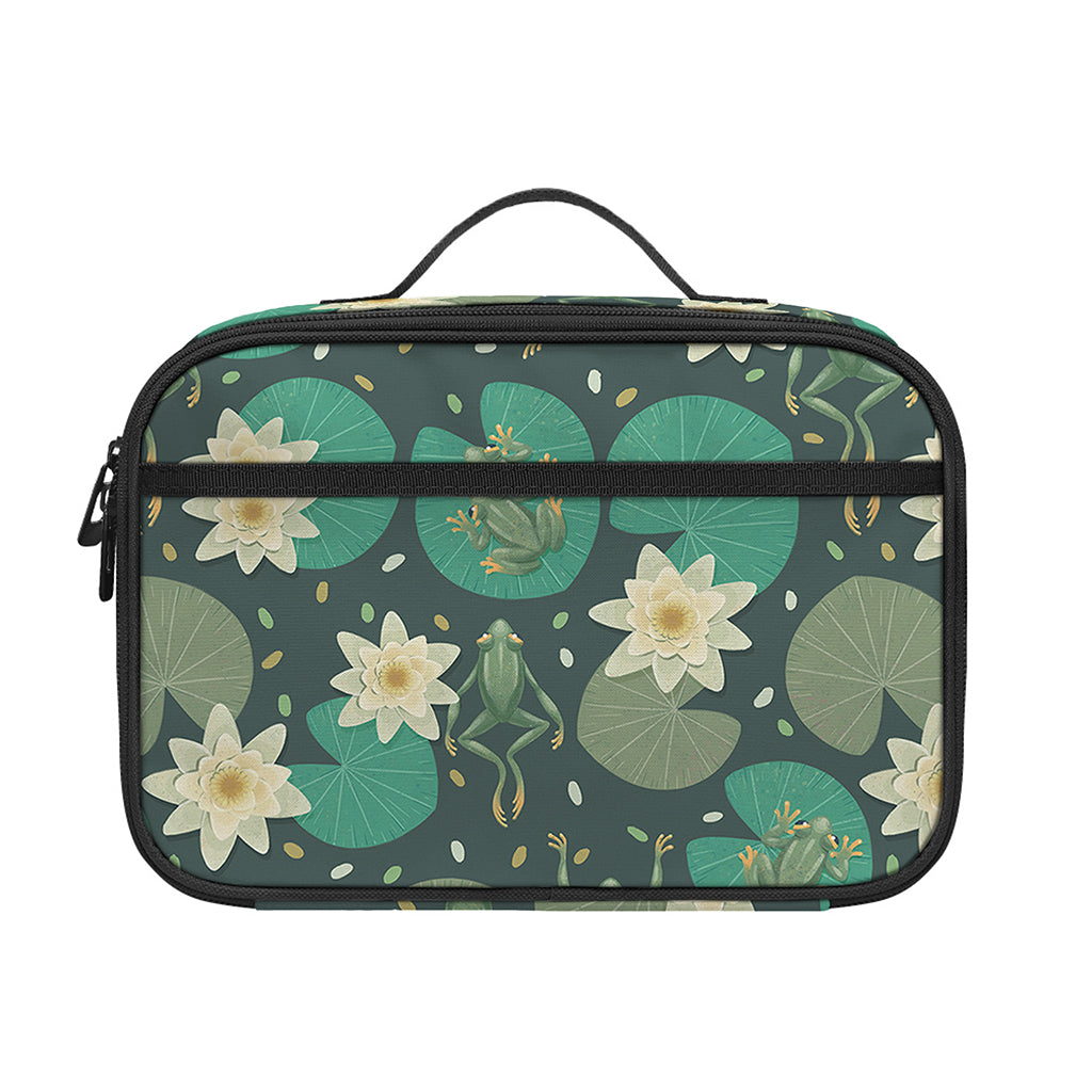 Frogs And Water Lilies Pattern Print Portable Lunch Bag