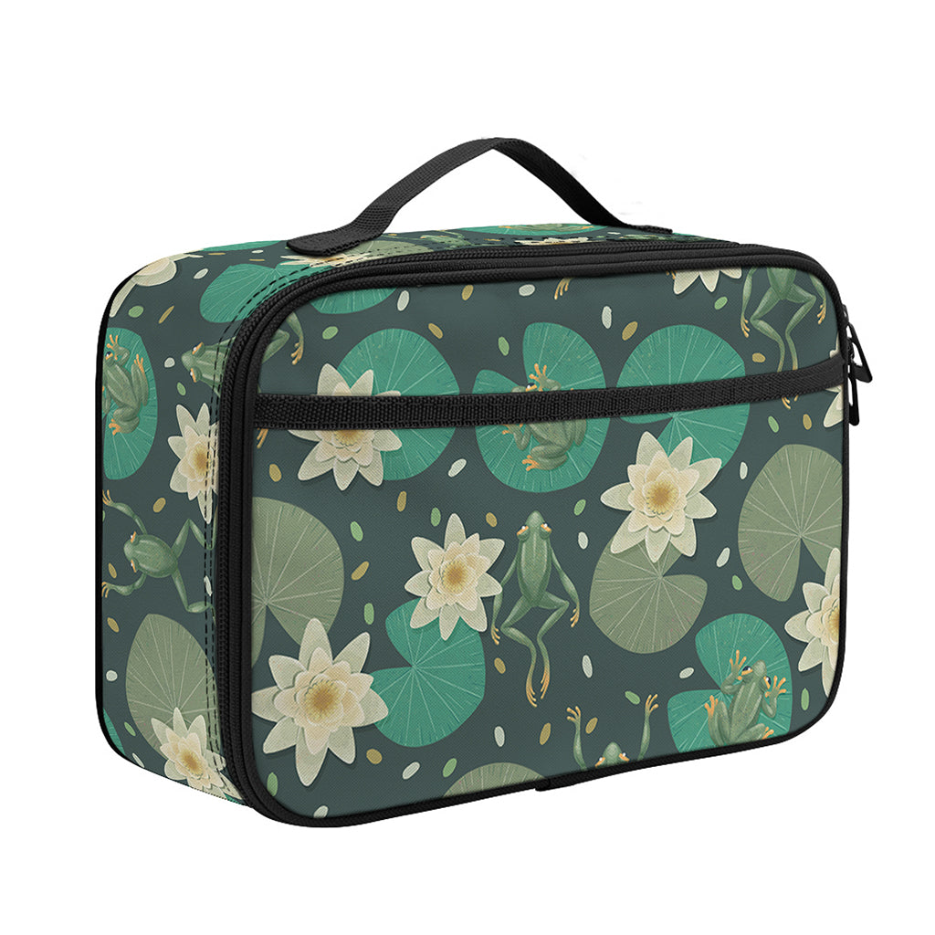 Frogs And Water Lilies Pattern Print Portable Lunch Bag