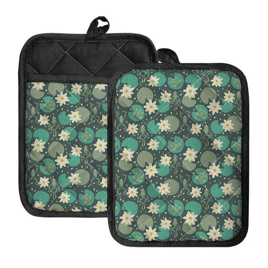 Frogs And Water Lilies Pattern Print Pot Holders With Pocket