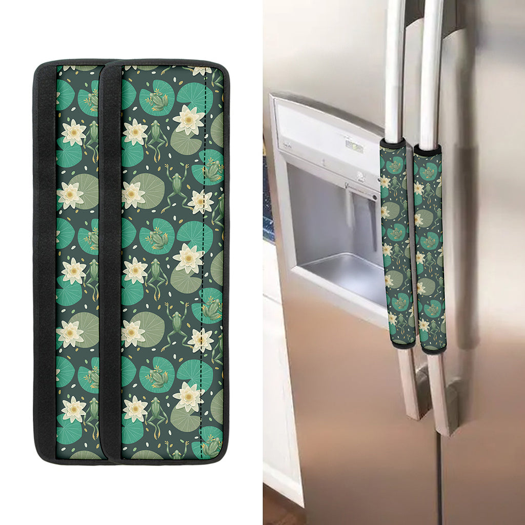 Frogs And Water Lilies Pattern Print Refrigerator Handle Covers