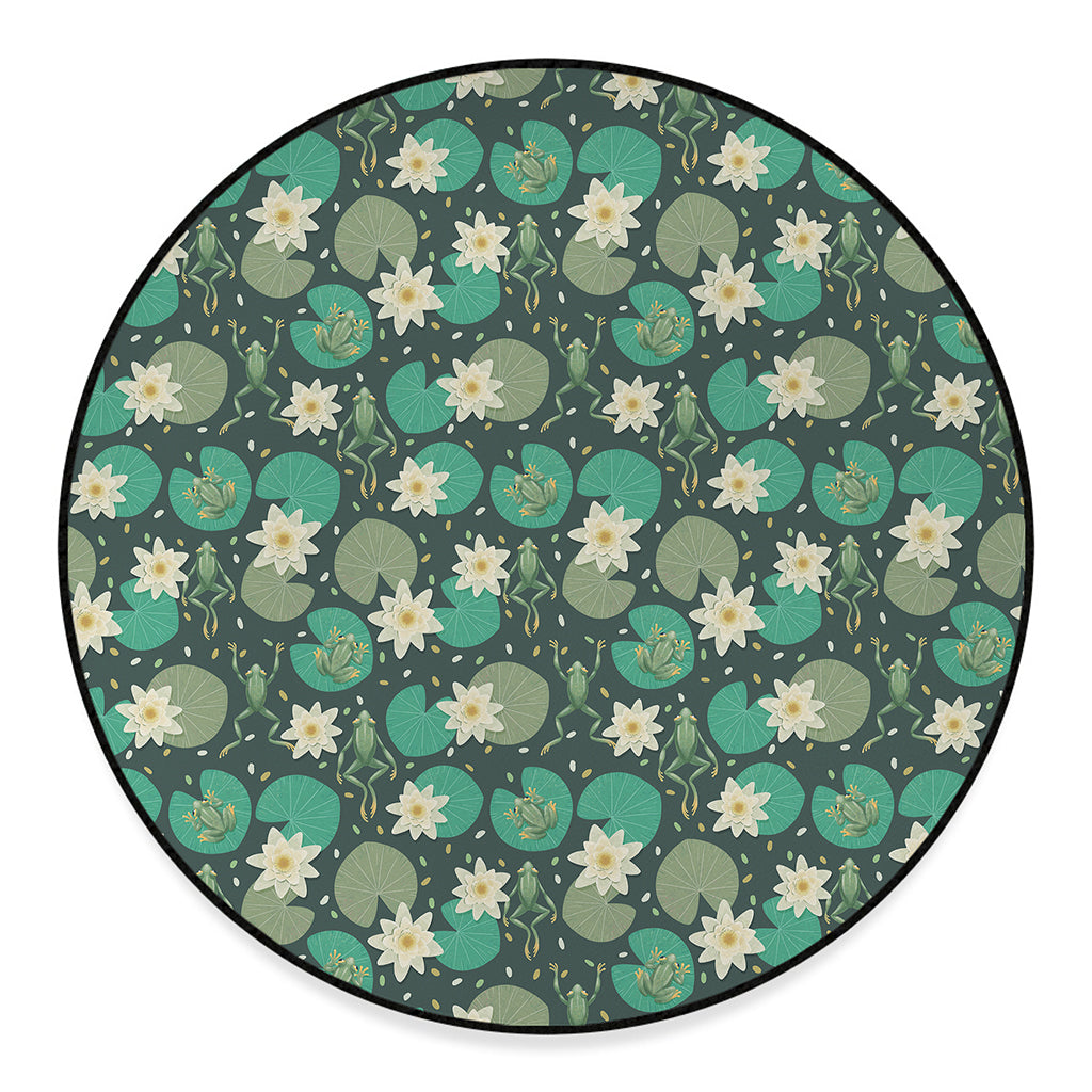 Frogs And Water Lilies Pattern Print Round Floor Mat