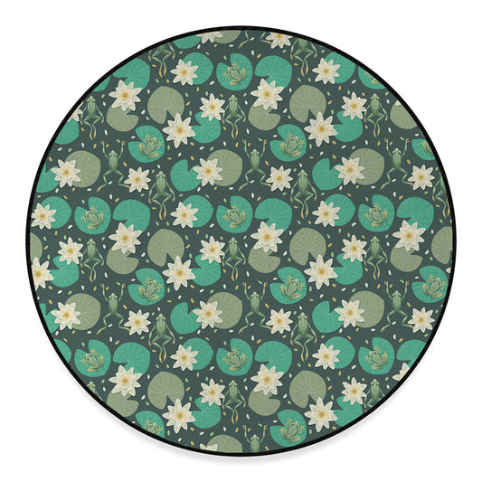 Frogs And Water Lilies Pattern Print Round Floor Mat