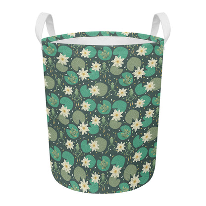 Frogs And Water Lilies Pattern Print Round Laundry Basket