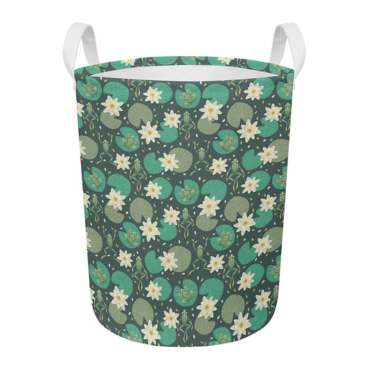 Frogs And Water Lilies Pattern Print Round Laundry Basket