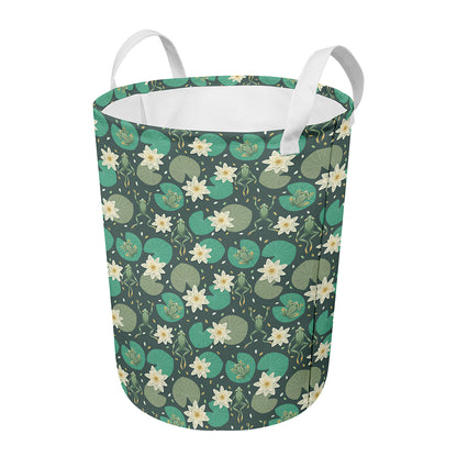 Frogs And Water Lilies Pattern Print Round Laundry Basket